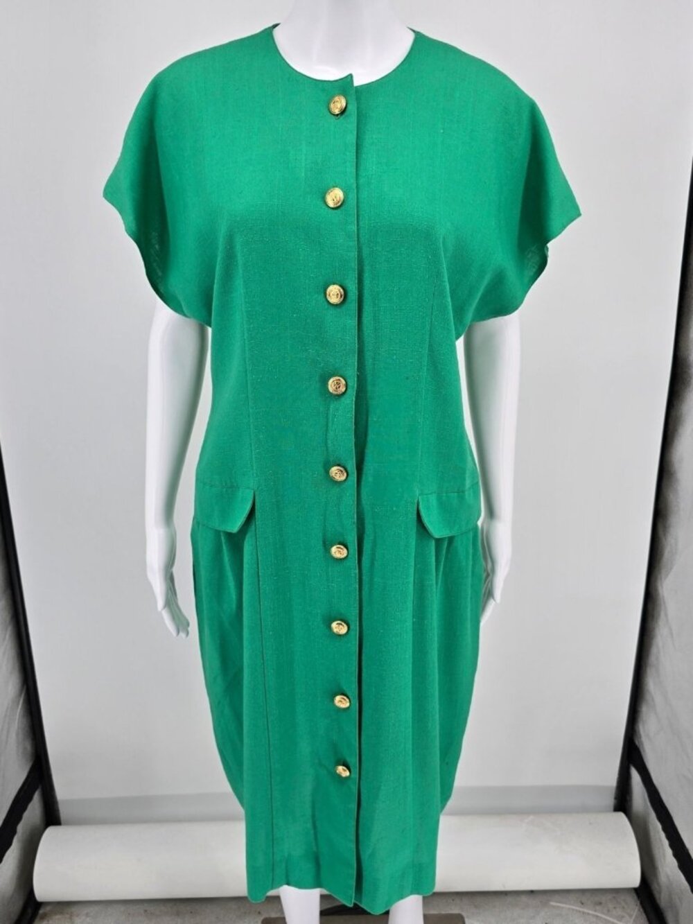 Vintage 1980s Caron Chicago Kelly Green Button-Front Dress (Medium Petite)